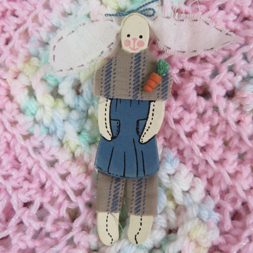 Wood Fabric Bunny Brooch Pin Rustic Grandma Easter Cottagecore Rabbit Vintage